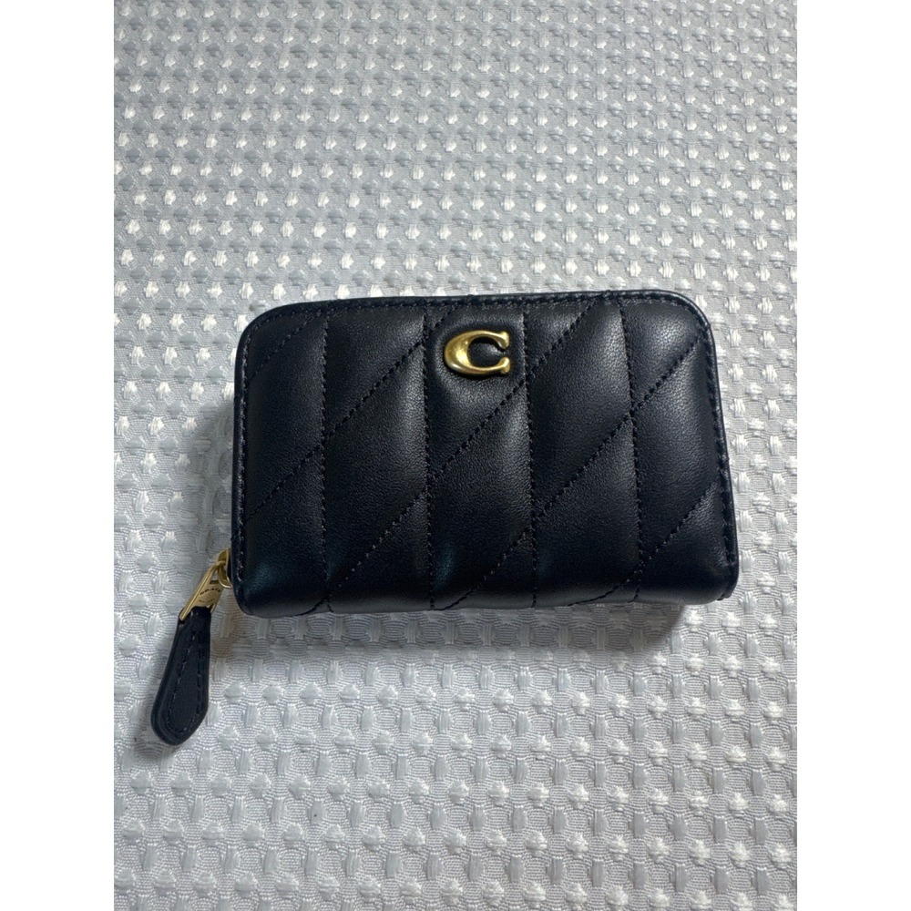 Coach Coin Case Womens Small Zip Around Quilted Leather Black LNC